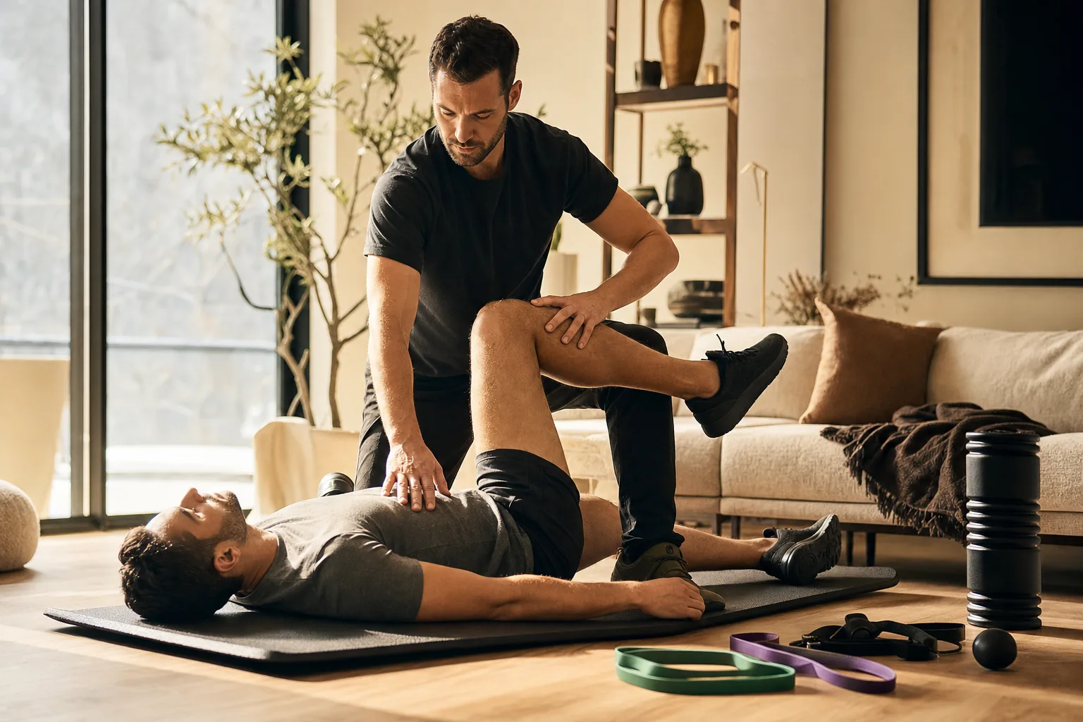 In-home mobility coaching and assisted stretching session